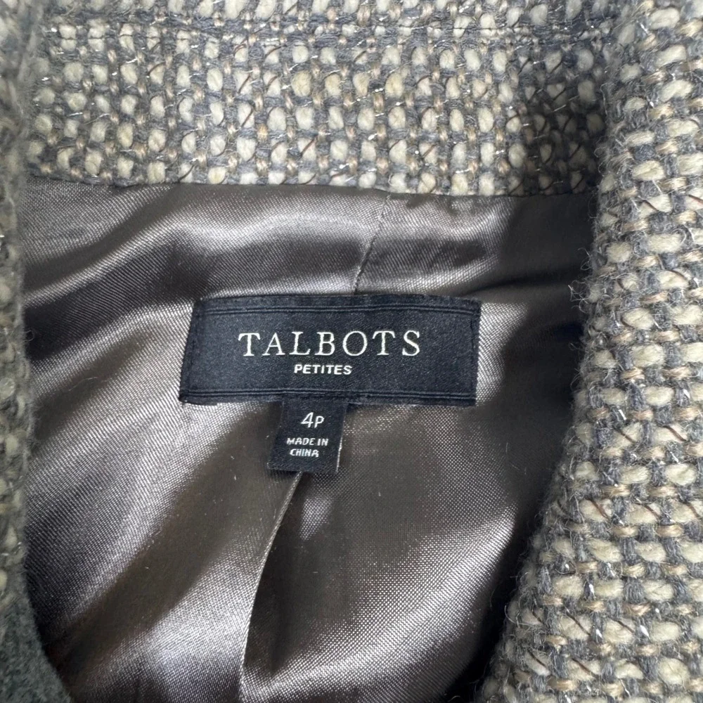 Talbots Petites 4P Gray Tweed Wool Blend Jacket‎ Career Moto Zip Front Metallic